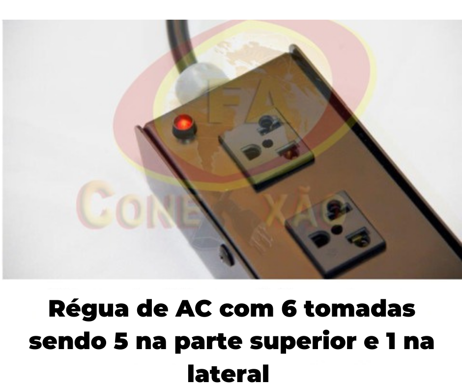 Produto Régua de AC com 6 tomadas sendo 5 na parte superior e 1 na lateral